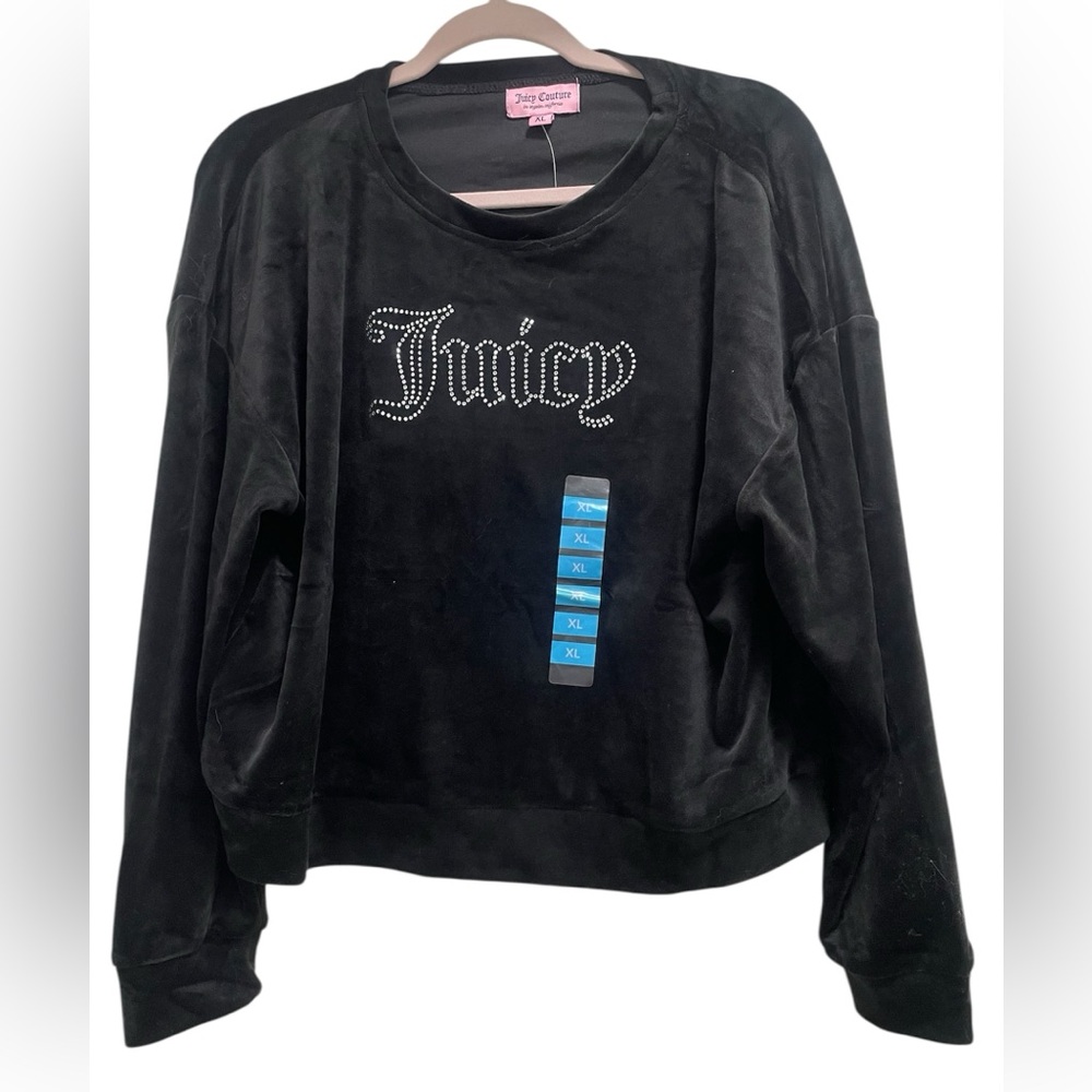 Juicy Couture Black Velour “Juicy” Rhinestone Crew Neck NWT Size XL